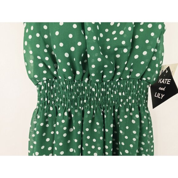 Kate and Lily Dress Women's Size 4 Green Polka Dot Sleeveless High Neck Ruffle - Picture 3 of 13